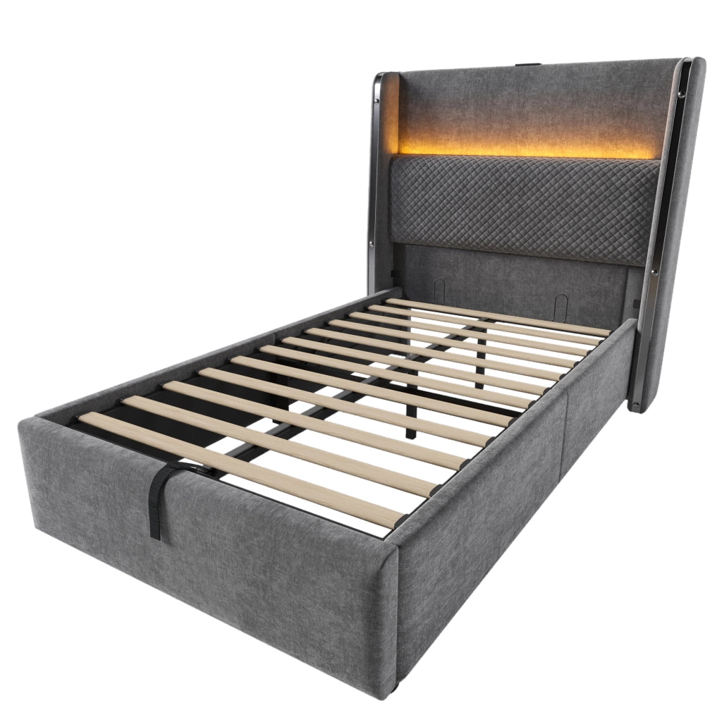 Letto Contenitore 90x200 cm; Letto Singolo - LED; USB e Type-C - in Lino - Grigio