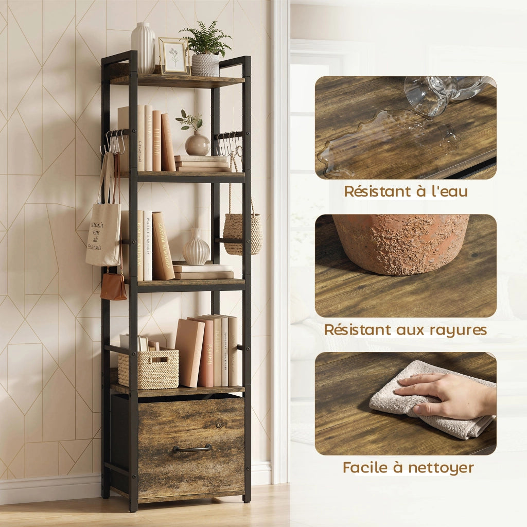 Libreria 4 Livelli con Cassetto e Ganci ¨C Zephmum ¨C Marrone Rustico 39x26x136.5 cm