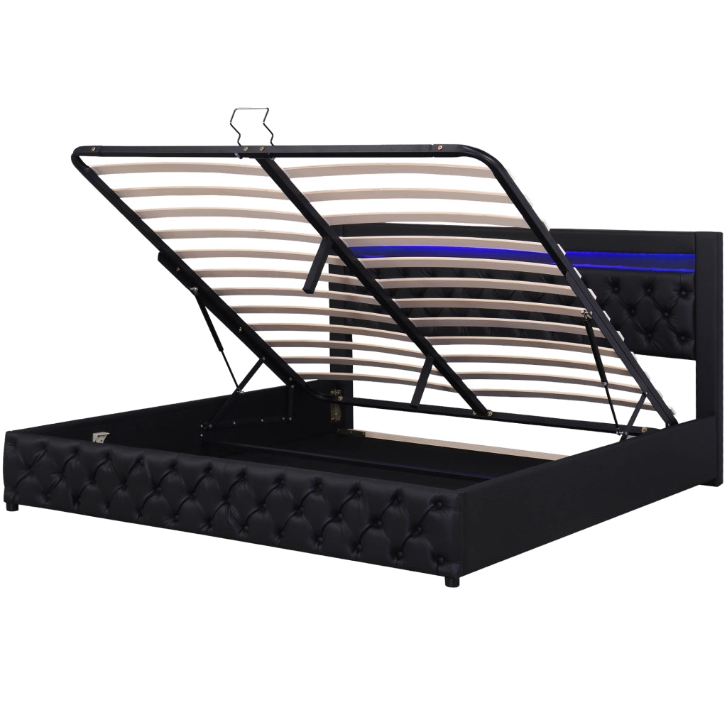 OKWISH Letto Contenitore 140×190 cm, Letto Matrimoniale con Contenitore Idraulico, LED Regolabile e Testiera, senza Materasso, in PU, Nero