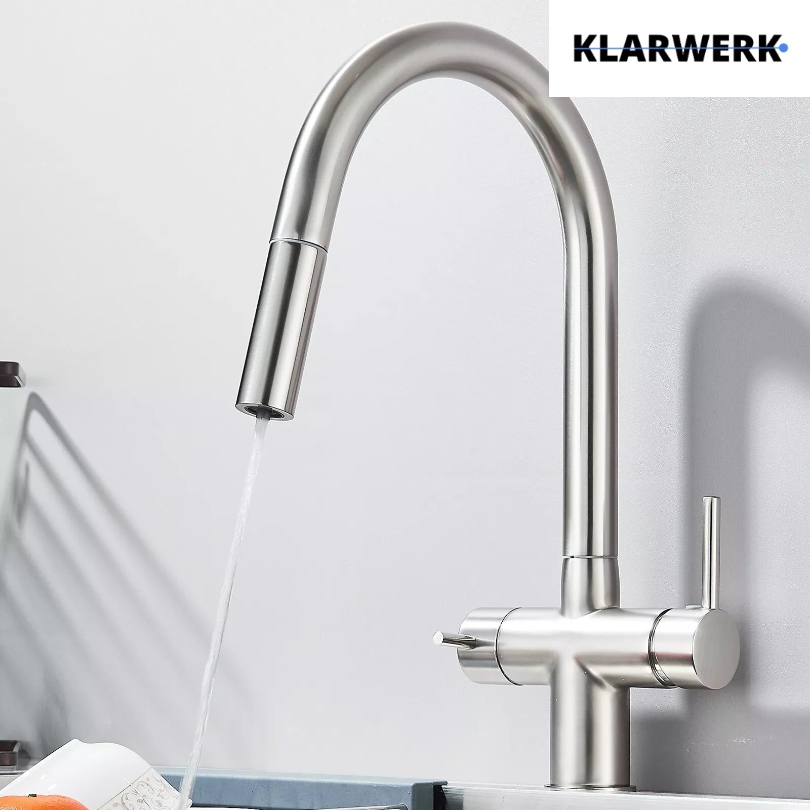 Jana | Rubinetto estraibile 3 vie premium argento spazzolato | osmosi in acciaio inox cucina | miscelatore 360 gradi | filtro 3 attacchi gomito alto