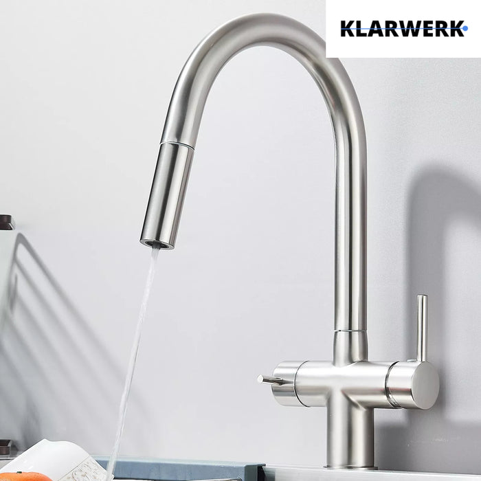 Jana | Rubinetto estraibile 3 vie premium argento spazzolato | osmosi in acciaio inox cucina | miscelatore 360 gradi | filtro 3 attacchi gomito alto