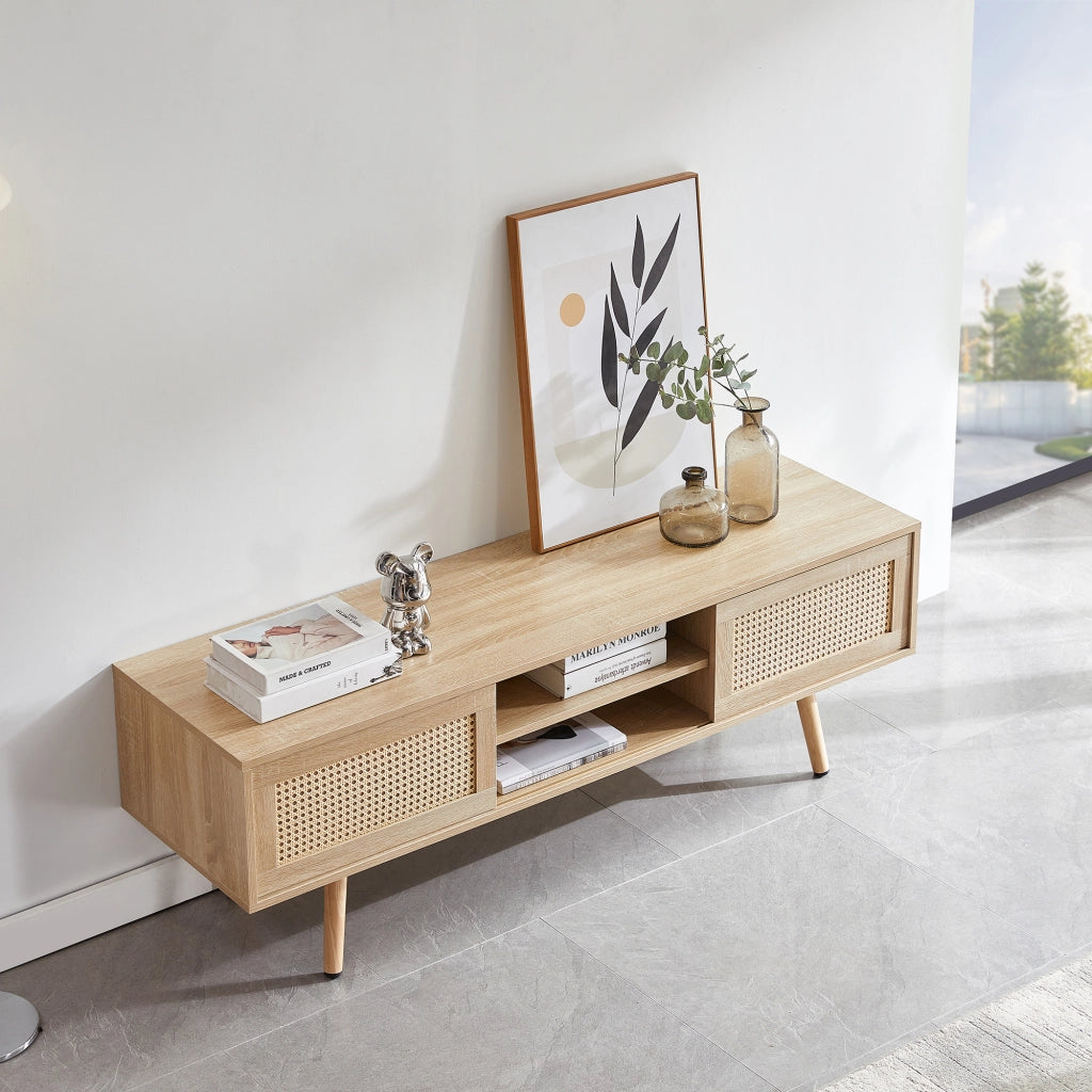 Mobile porta TV in rattan con 2 ante scorrevoli e 3 ripiani, per soggiorno, in MDF, naturale, 140 × 40 × 45 cm
