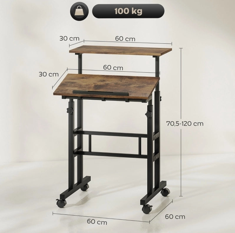 Scrivania sit-stand 60x60x70，5-120 cm in MDF marrone rustico con ripiano e ruote