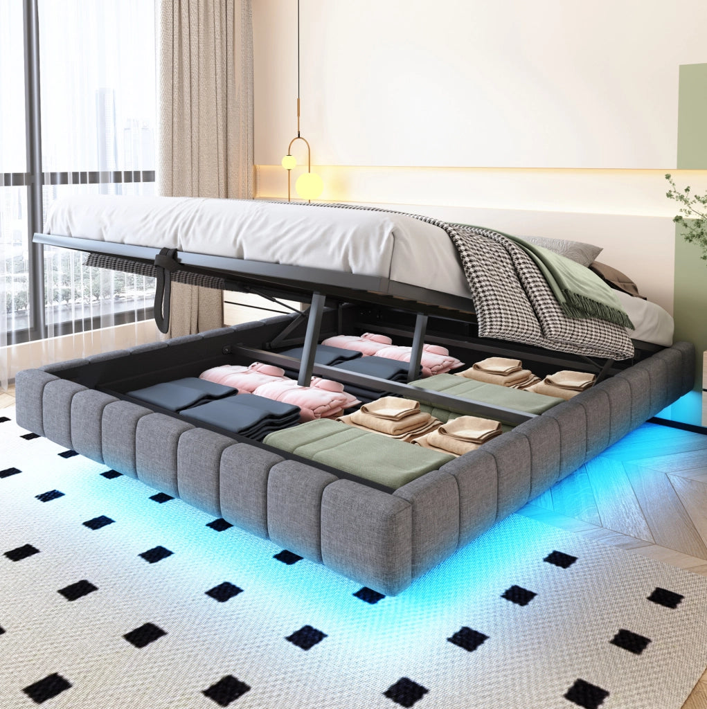 Letto imbottito sospeso 160x200 cm con LED e contenitore, grigio