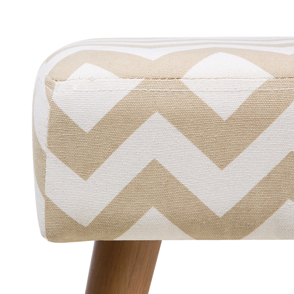 Poggiapiedi in Cotone Bianco e Beige a Zig Zag con Gambe in Legno