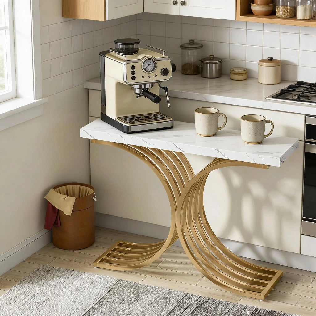 Consolle con piano effetto marmo e struttura in metallo dorato per ingresso e soggiorno bianco e oro 100 × 30 × 80 cm