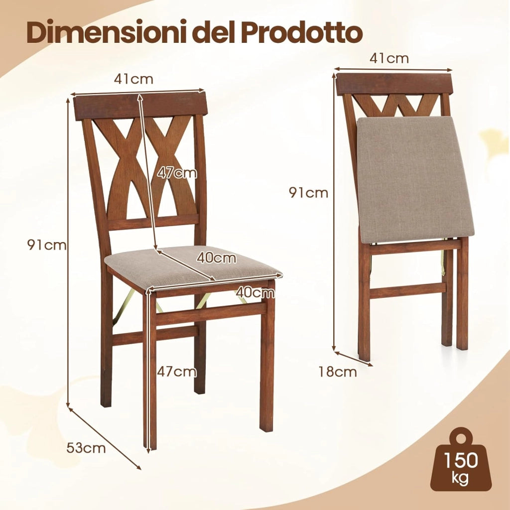 Set di 2 Sedie Pieghevoli, Sedie Ergonomiche di Gomma Senza Braccioli con Struttura in Legno di Gomma, Seduta Pieghevole da Pranzo con Schienale Curvo per Ristorante, Portata 150 kg (Marrone)