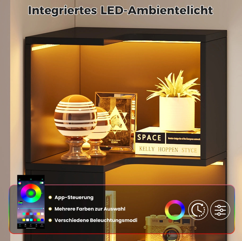 Libreria angolare a L nera con illuminazione LED e doppio cassetto