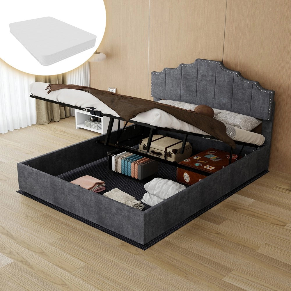 Letto Matrimoniale Contenitore Imbottito con Testiera, Apertura Idraulica, con Materasso ¨C MINIMAL ¨C Grigio 140x200