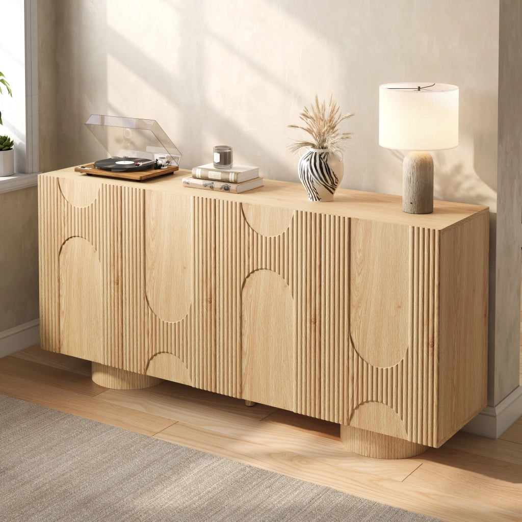 Credenza a 4 ante con ripiani regolabili per ingresso e soggiorno in MDF e bambù naturale