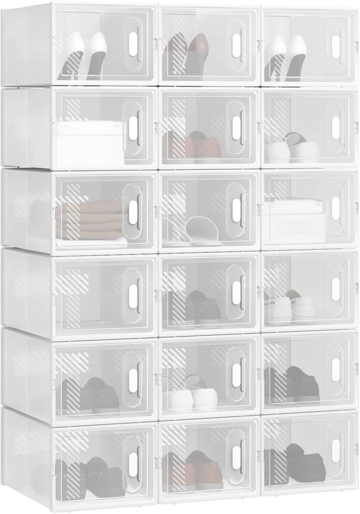 Set di 18 Scatole per Scarpe Contenitore Portascarpe Scarpiera Organizzatore Portaoggetti Impilabile Salvaspazio Coperchio Magnetico Plastica Trasparente Bianco 35x25x19cm