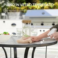 Tavolino da Giardino Rotondo con Foro per Ombrellone, in Metallo e Vetro Temperato, Ø96.5x71 cm, Nero