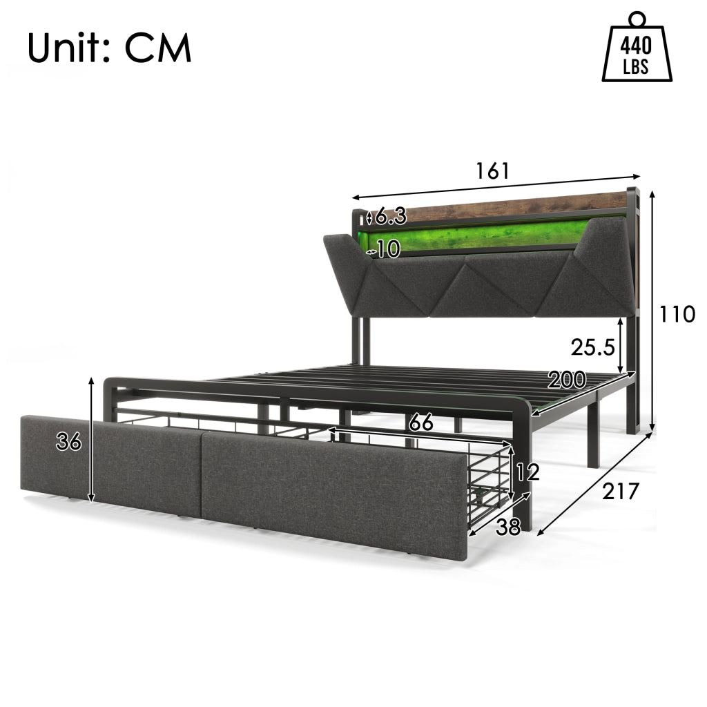 LETTO matrimoniale 160x200 cm grigio in lino con testiera contenitore e 2 cassetti