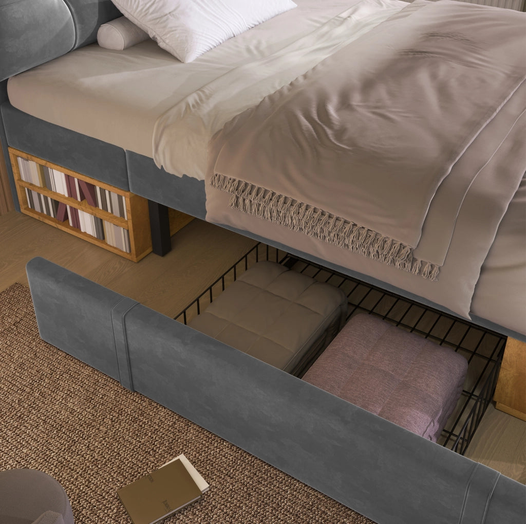 Letto singolo imbottito 90x200 cm in velluto grigio con testiera regolabile e cassetti