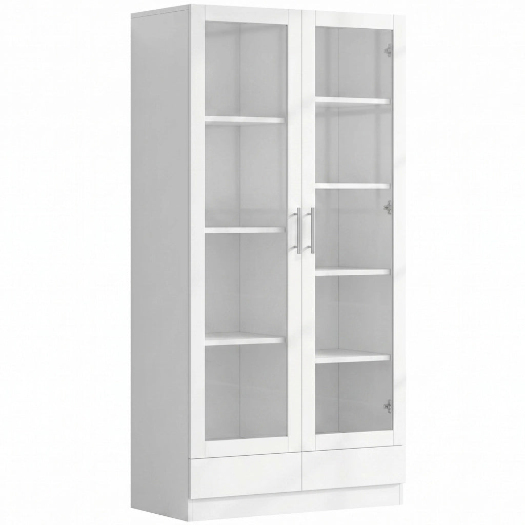 Armadio vetrina bianco con 2 cassetti, ripiani regolabili e vetri temperati, 160x40x80 cm