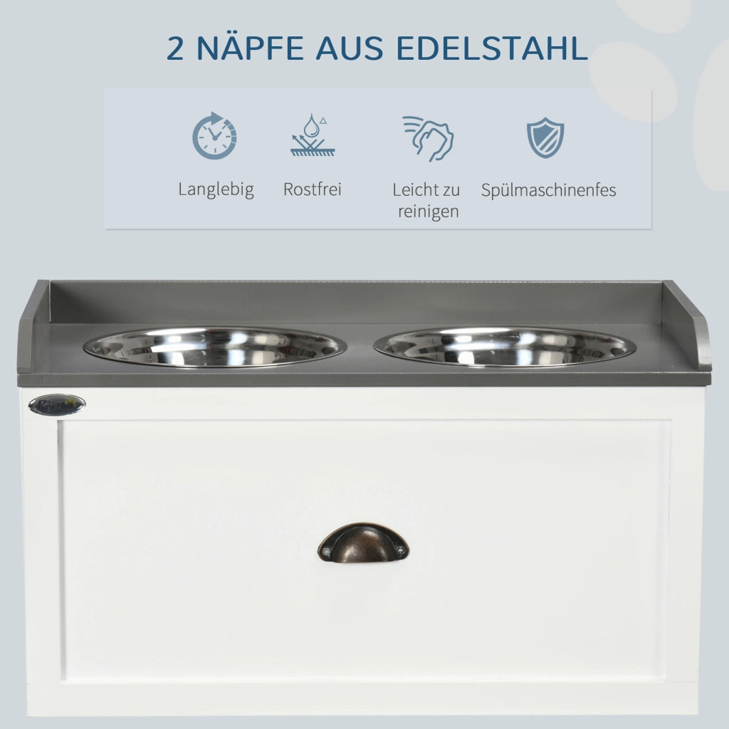 Scaffale con ciotole estraibili e cassetto portaoggetti in acciaio inox per cani grandi bianco 60 × 30 × 36 cm