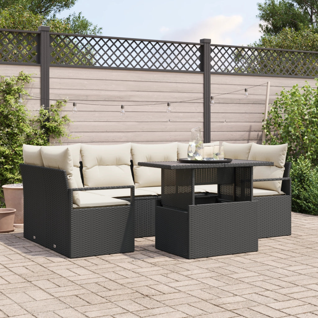 Set Divano da Giardino 7 Pezzi con Cuscini Rattan Poliestere Nera