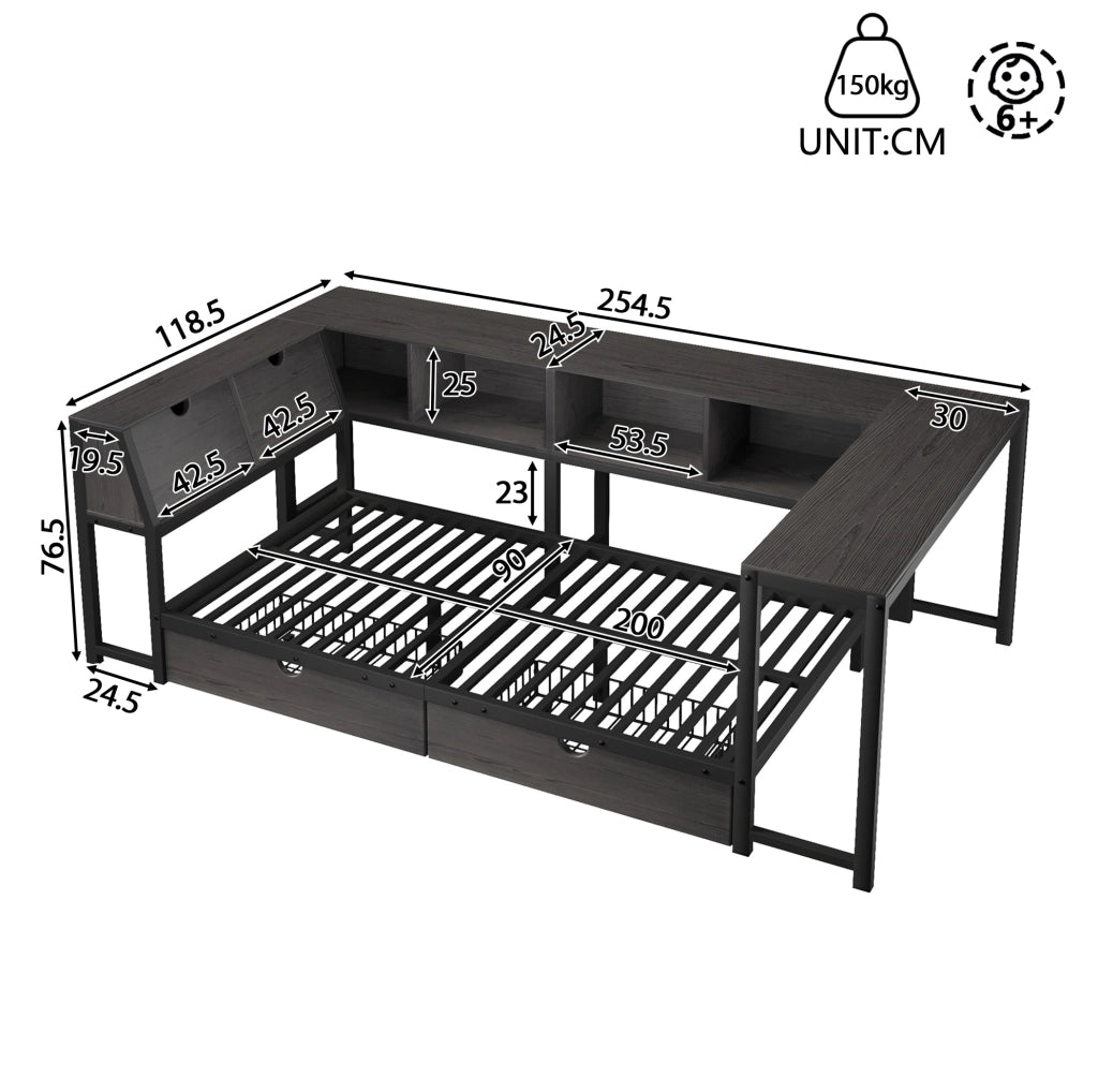 Letto 90x200 cm con scrivania, 2 cassetti, LED e testiera contenitore in MDF e metallo nero