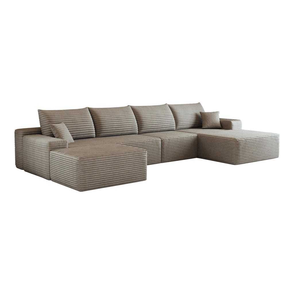 Divano angolare modulare - con chaise longue - in tessuto a coste - camel - 270 × 175 × 83 cm