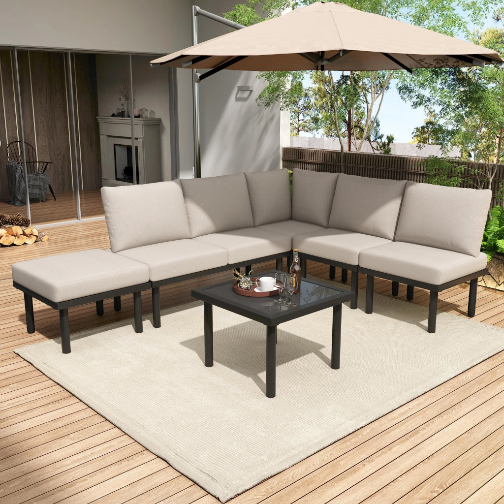 Set Lounge da Giardino 6 Pezzi con Cuscini ¨C MINIMAL ¨C Beige, Fune, Piano in Vetro