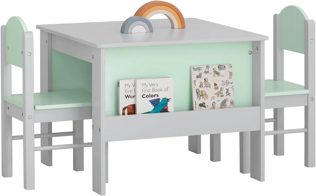 Tavolo per bambini con 2 sedie, Set tavolo e 2 Sedie per Bambini, Scrivania per Bambini con 2 Ripiani Laterali per Libri Grigio Chiaro e Verde, KMB88-HG