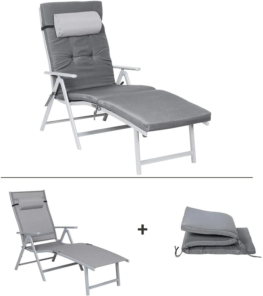 Lettino prendisole con materasso spesso 6 cm poggiatesta removibile in alluminio traspirante e antiruggine reclinabile portata max 150 kg grigio 12_0000203