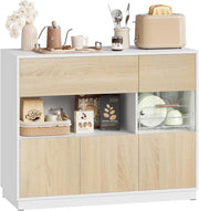 Credenza Cucina con Cassetto e Scomparti Aperto e Chiusi, Mobile Buffet con 1 Anta Trasparente, per Soggiorno, Cucina, in Legno, 100x40x80 cm, Rovere Chiaro+Bianco