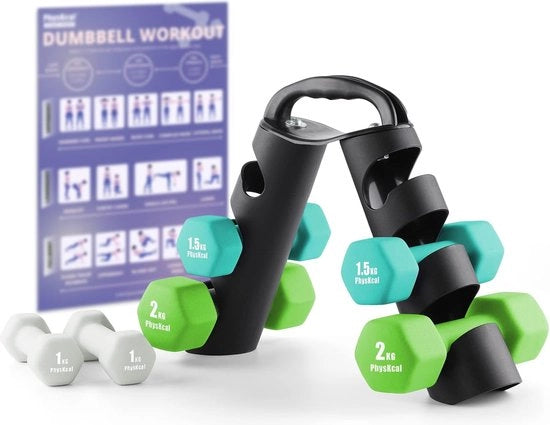Imbraghi, set da 6 con supporto, rivestimento in neoprene, maniglia soft-touch, set di pesi per braccia per donne, bambini, principianti, set di pesi leggeri e piccoli per uso domestico, palestra, studio, allenamento