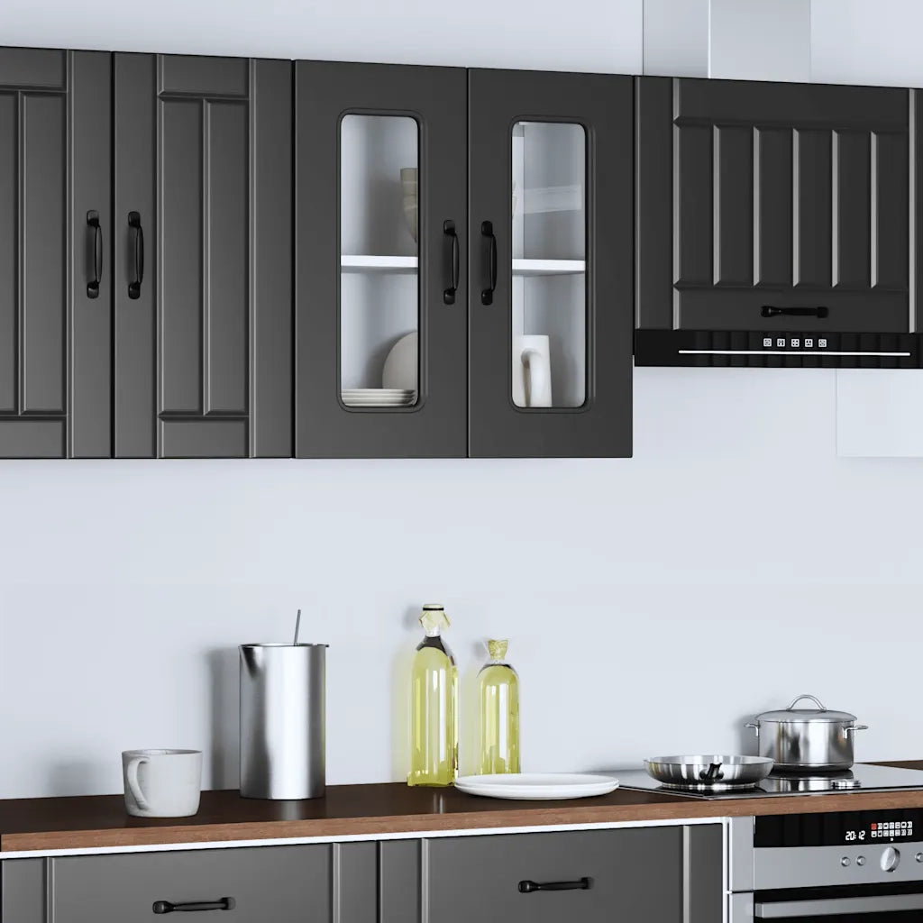 Pensile da Cucina | Mobile da Cucina con Porta in Vetro Kalmar Nero Truciolato