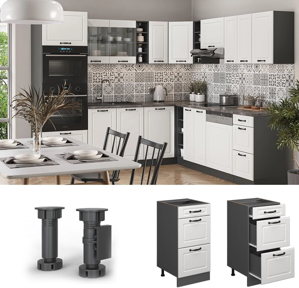 Mobiletto base per cucina R-Line, Bianco casa di campagna, 40 cm con cassetti, senza piano di lavoro, per la libera combinazione all'interno di sistemi cucina modulari