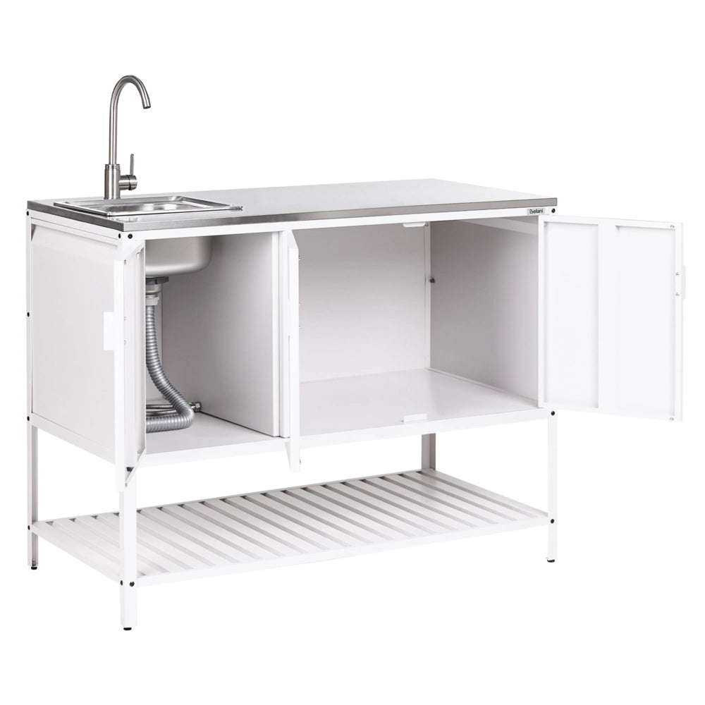 Mobile da cucina da esterno bianco in acciaio inossidabile a 3 ante con piano superiore Cucina da giardino Sala da pranzo