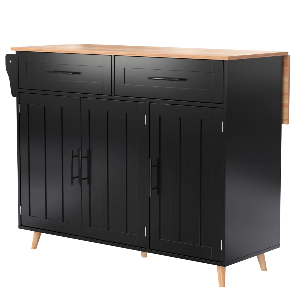 Isola da Cucina Mobile 129x46/71x91,5 cm Nera e Legno con Piano Ribaltabile, 2 Cassetti e 5 Ruote