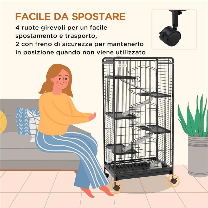 GABBIA PER PICCOLI ANIMALI CON RUOTE 5 RAMPE E 5 PIATTAFORME CIOTOLA E BOTTIGLIA 61.5X44X131 CM NERO