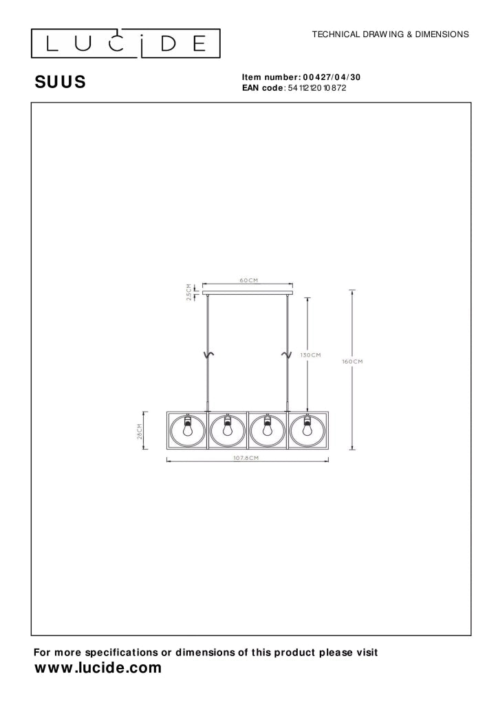 Lampada a sospensione nera loft SUUS 107cm 4xE27 Lucide
