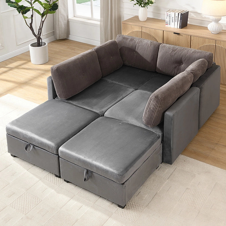Divano modulare a U 6 posti con contenitore, velluto e corduroy grigio antico