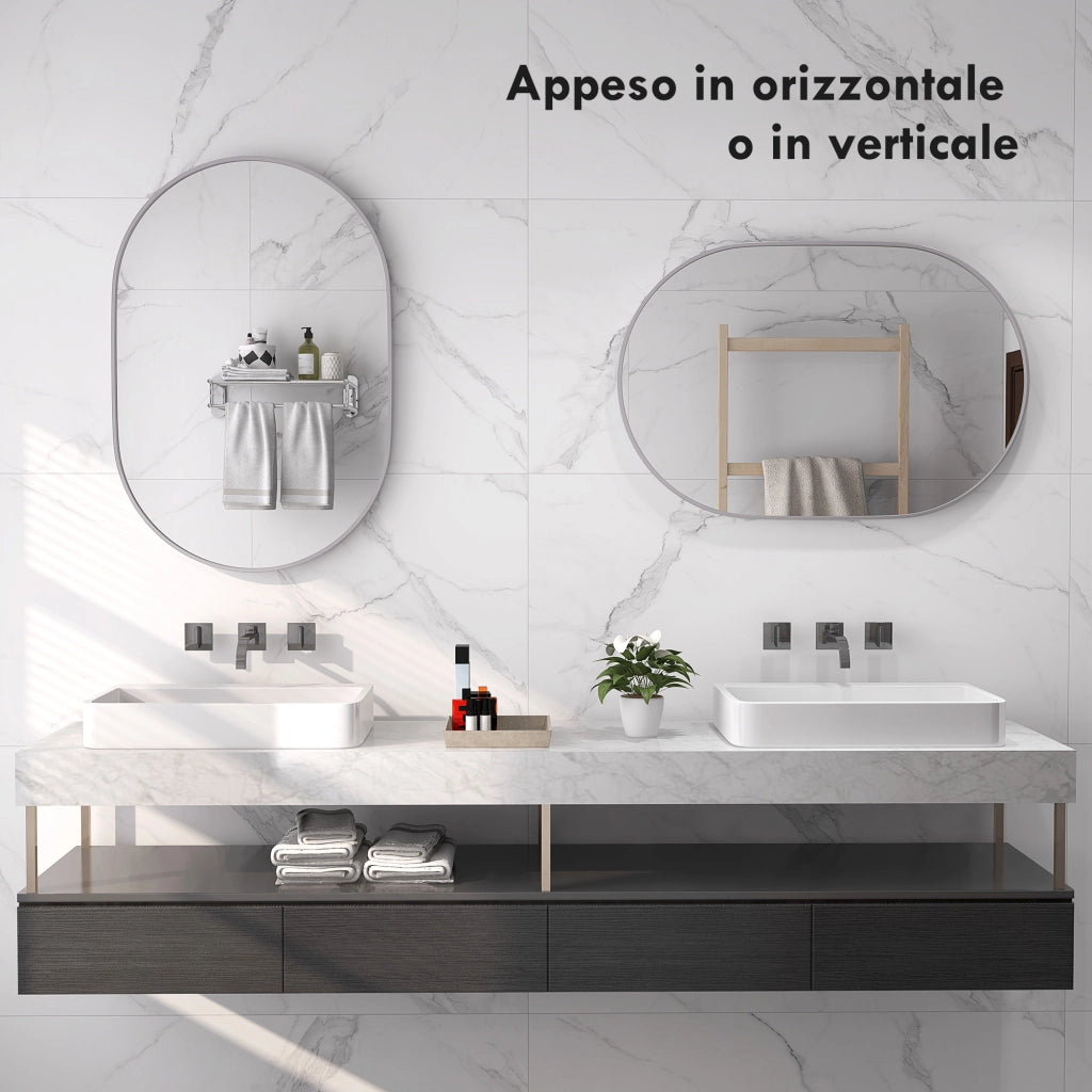 Specchio Bagno da Parete Ovale con Cornice in Alluminio ¨C zephmum ¨C Argento 60x90 cm