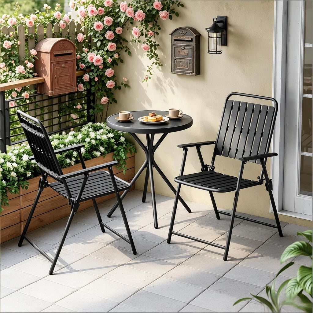 Tavolo E Sedie Da Giardino Pieghevoli - Salvaspazio - Tavolo 60 X 70 Cm - Ferro Vetro E Pp - Nero - Per Balcone E Giardino - Facile Da Riporre