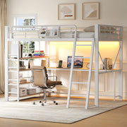 Letto a soppalco matrimoniale 140x200 cm con scrivania; LED; USB e ripiani; bianco