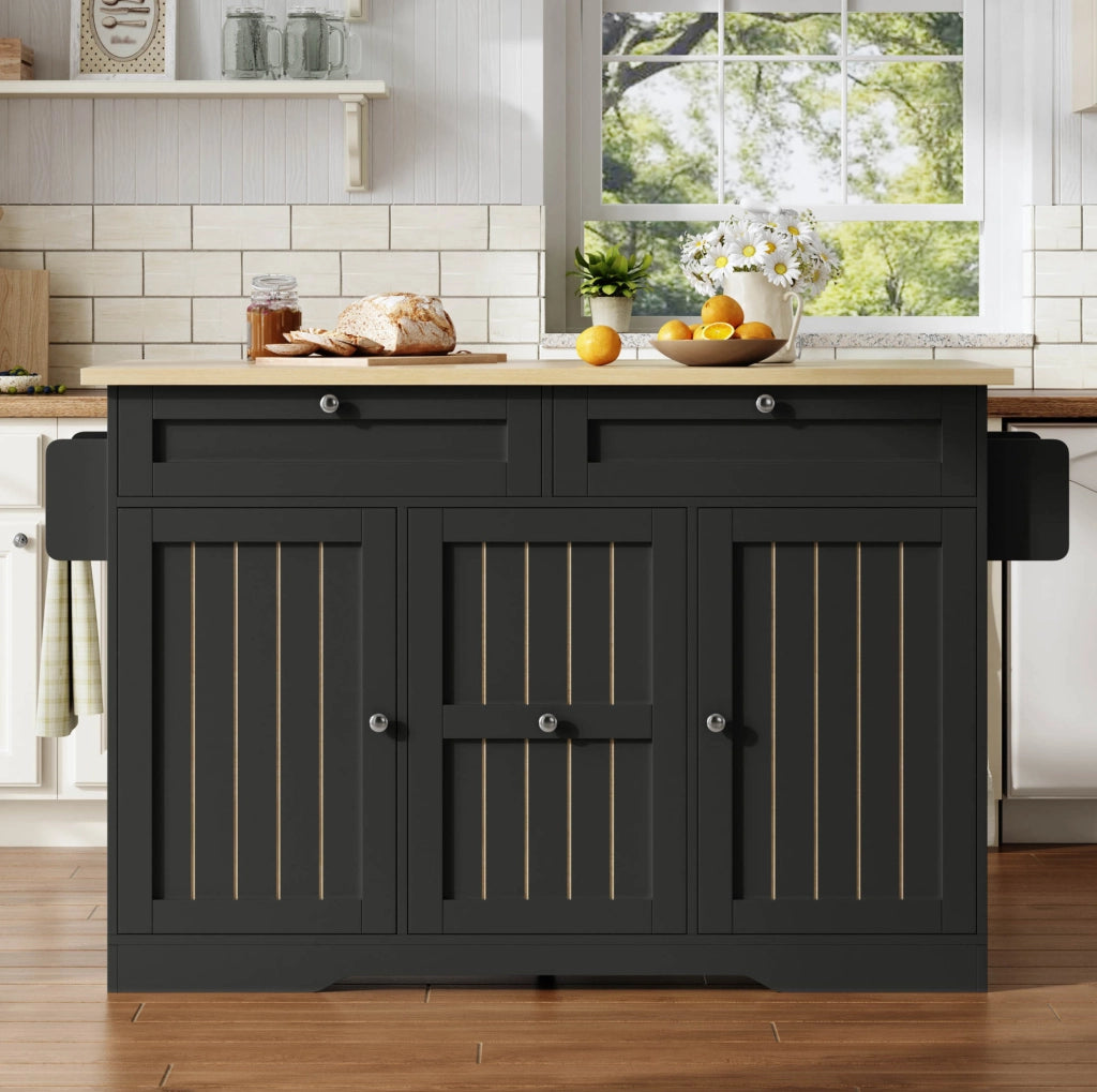 Isola cucina mobile con piano ribaltabile 120x45(70)x92 cm in MDF nero; con cassetti e ruote bloccabili