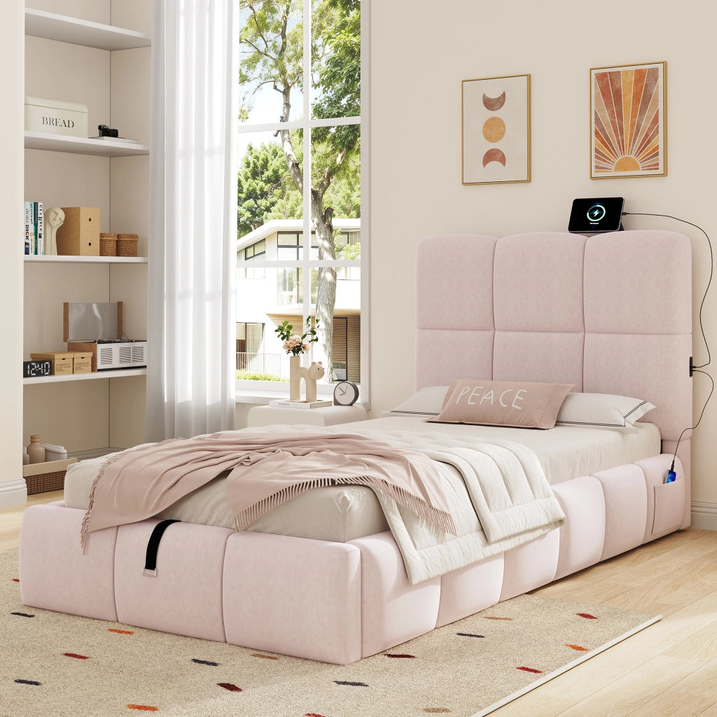 Letto imbottito idraulico con porta USB 90x200 cm velluto rosa