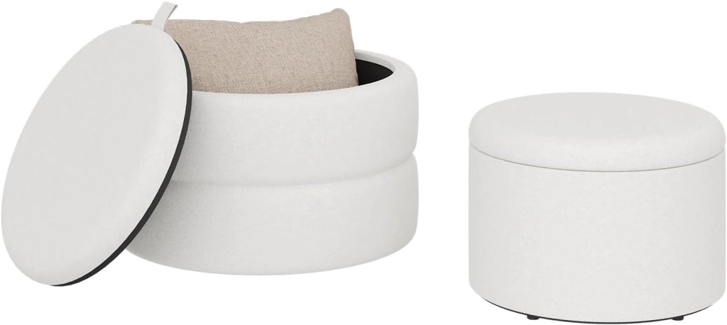 Set di 2 Pouf Contenitore 3-in-1, Pouf Poggiapiedi Rotondi Impilabili con Coperchio Removibile, in Velluto a Nuvola, per Camera da Letto, Soggiorno, Corridoio, Bianco