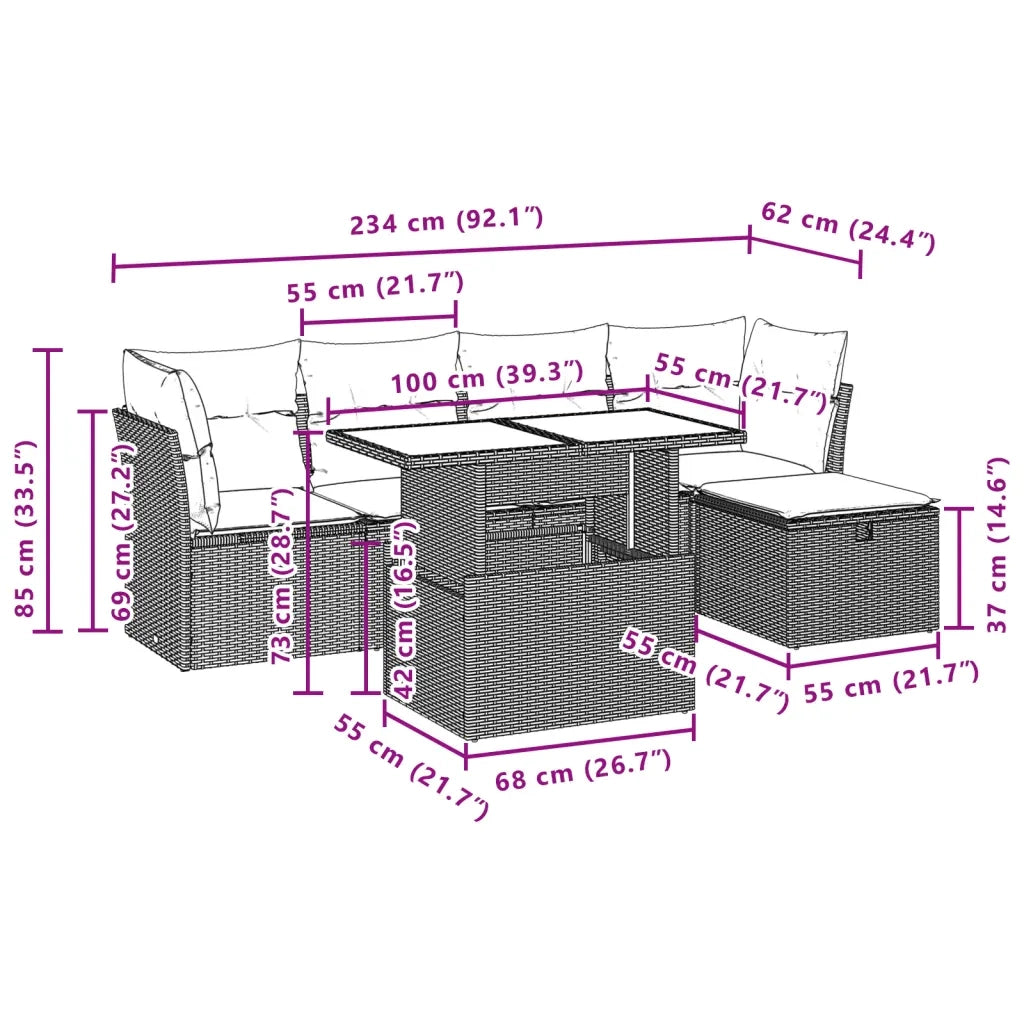 Set Divano da Giardino 6 pz con Cuscini Beige in Polyrattan