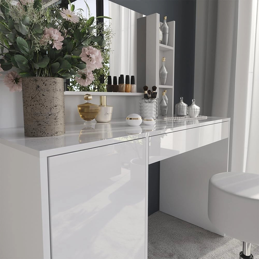 Tavolo da toeletta Sherry, Bianco/bianco lucido, 119.8 cm 5 parti