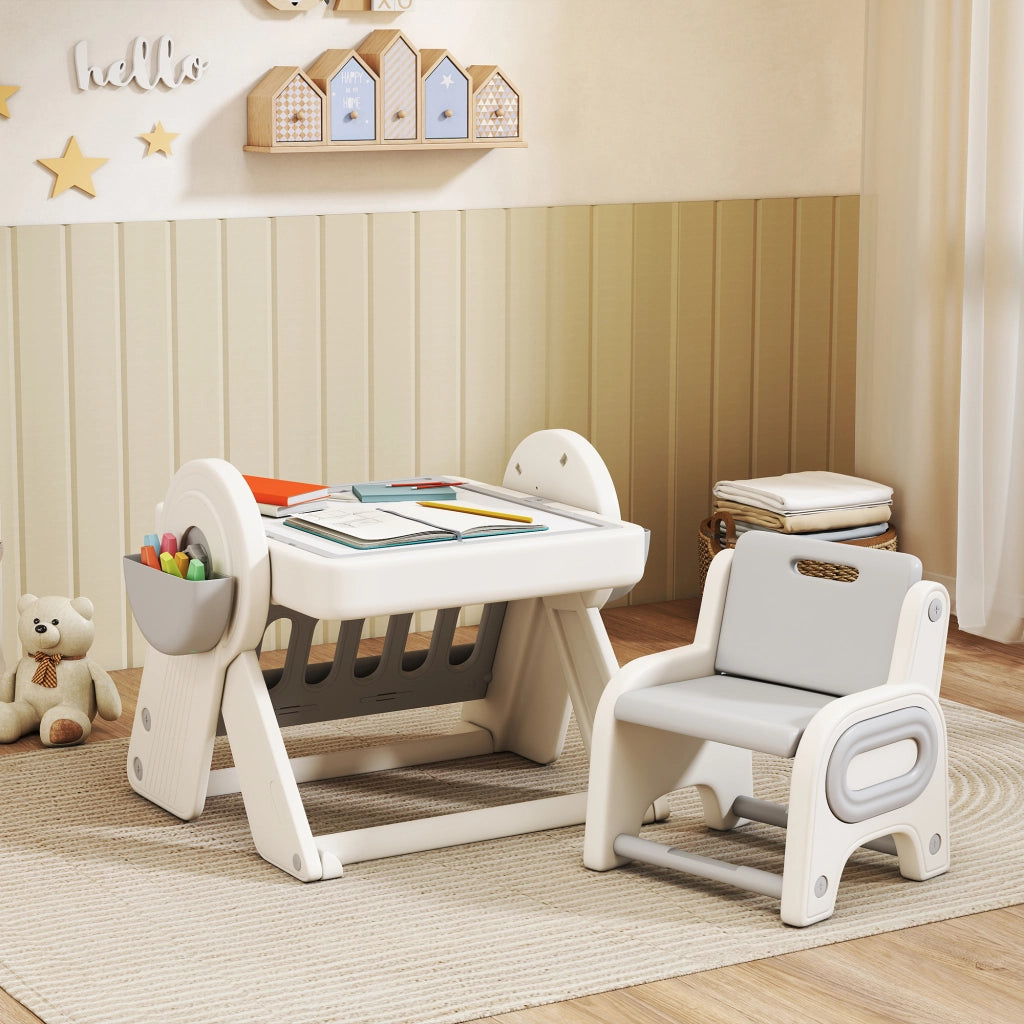 Tavolo Multiuso per Bambini con Ripiano Contenitore e Cassetti, in HDPE e PP, Grigio e Bianco