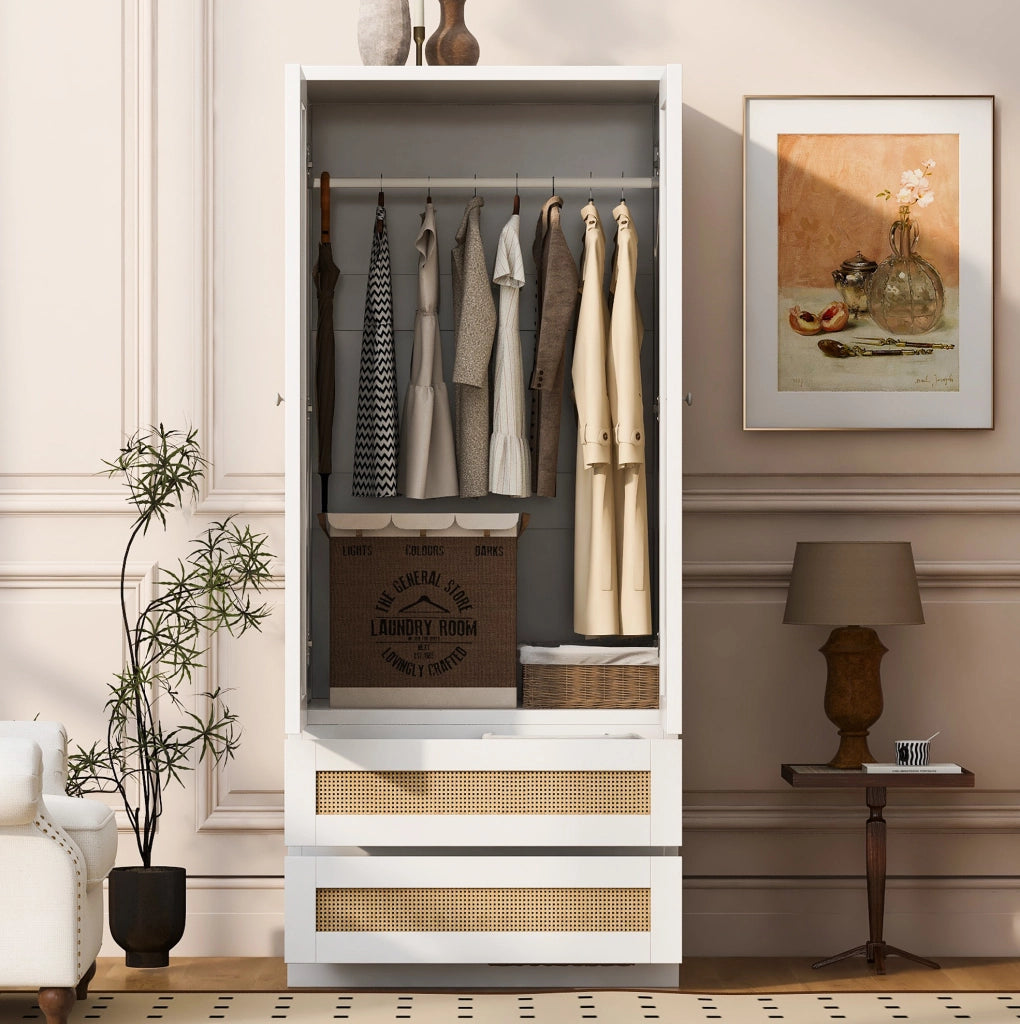 Armadio 70x55x170 cm bianco in legno e MDF, 2 ante e 2 cassetti