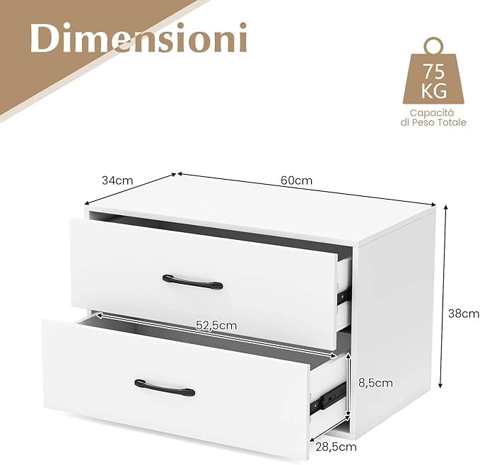 Organizzatore di Stoccaggio Impilabile con 2 Cassetti, Mobile Orizzontale con Kit Anti-Ribaltamento, Comò Multiuso per Soggiorno Studio Ufficio, 60x34x38 cm (Bianco)