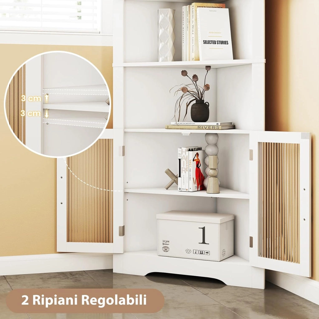 Armadio Angolare 66 x 35 x 171 cm, Mobile Bagno Triangolare Salvaspazio con 4 Ante in Vetro Temperato e Ripiani Regolabil, Mobile Angolare per Soggiorno, Cucina e Sala da Pranzo