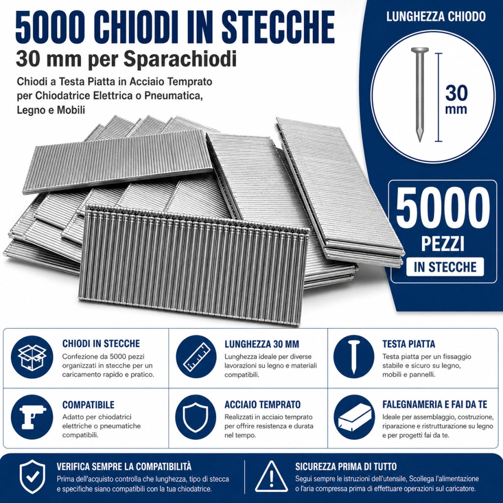 5000 Chiodi in Stecche 30 mm per Sparachiodi Elettrica Pneumatica