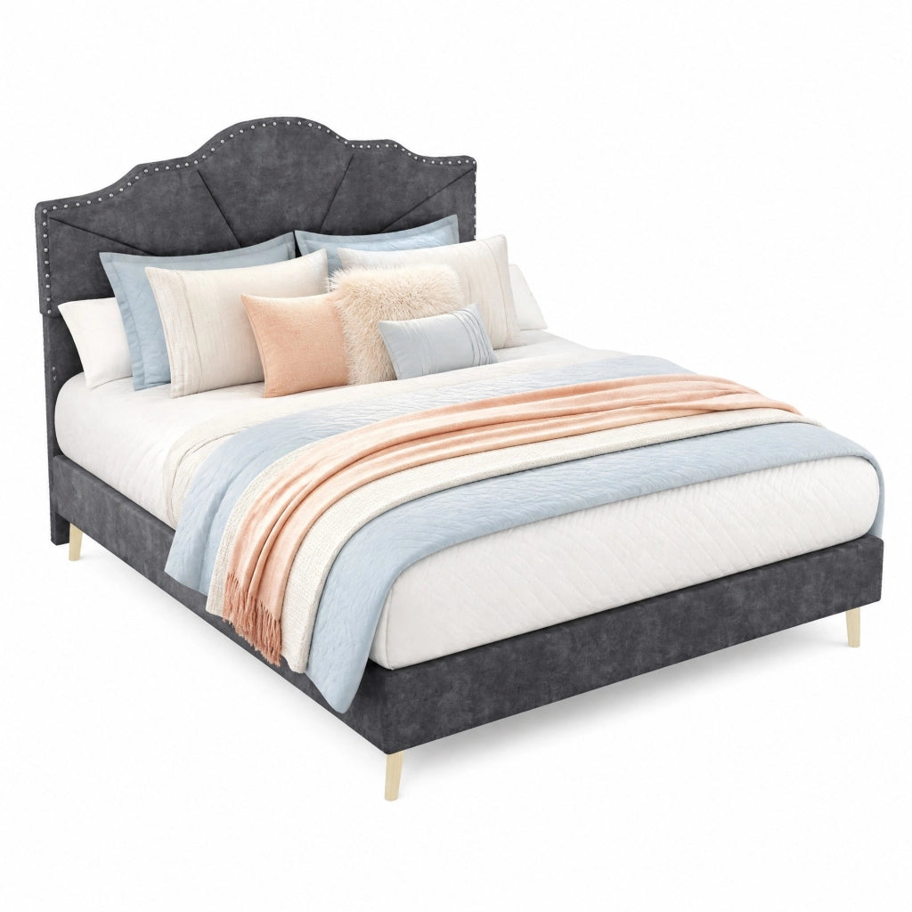 Letto matrimoniale 140x200 cm grigio con testiera geometrica e struttura a doghe