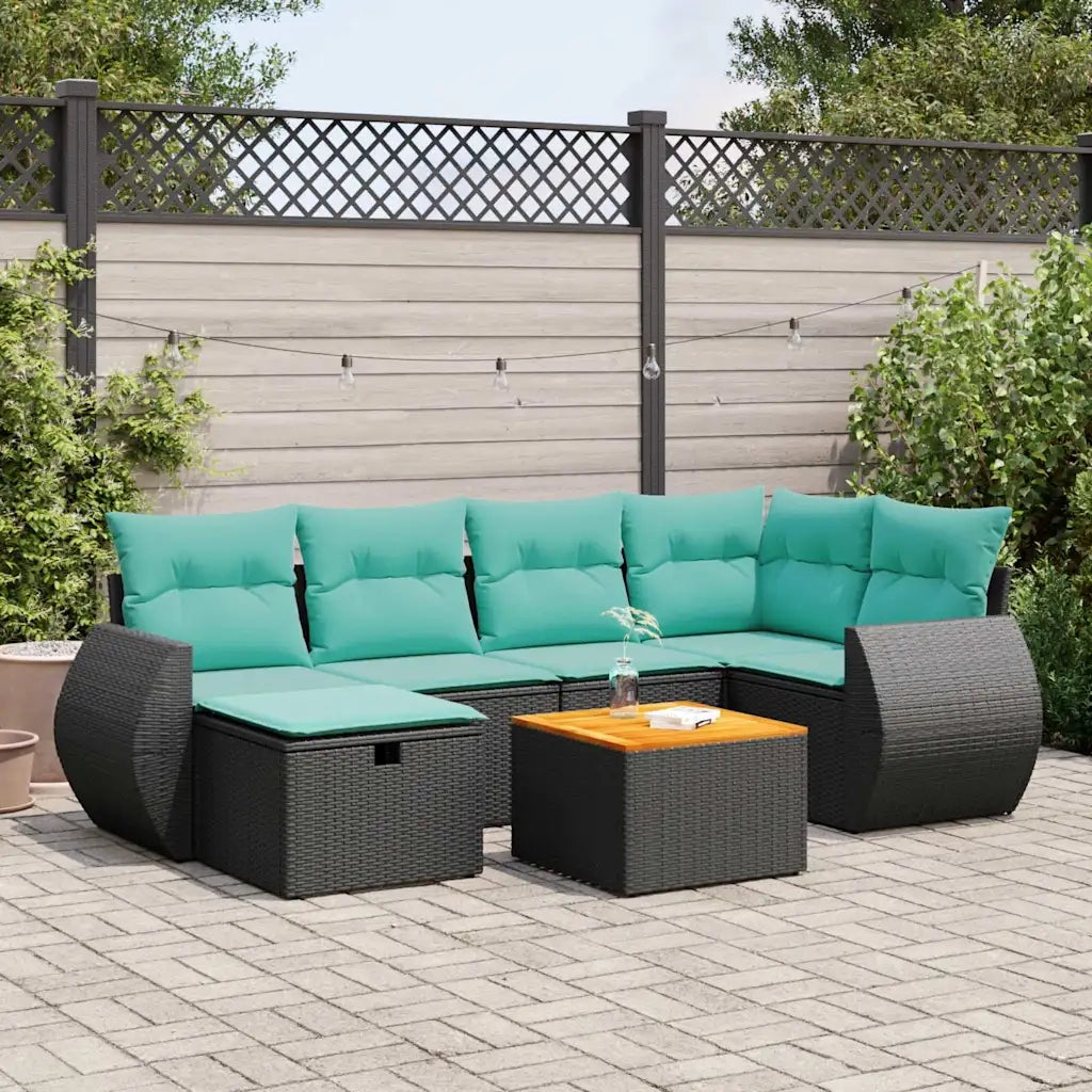 Set Divani da Giardino con Cuscini 7pz Nero Polyrattan